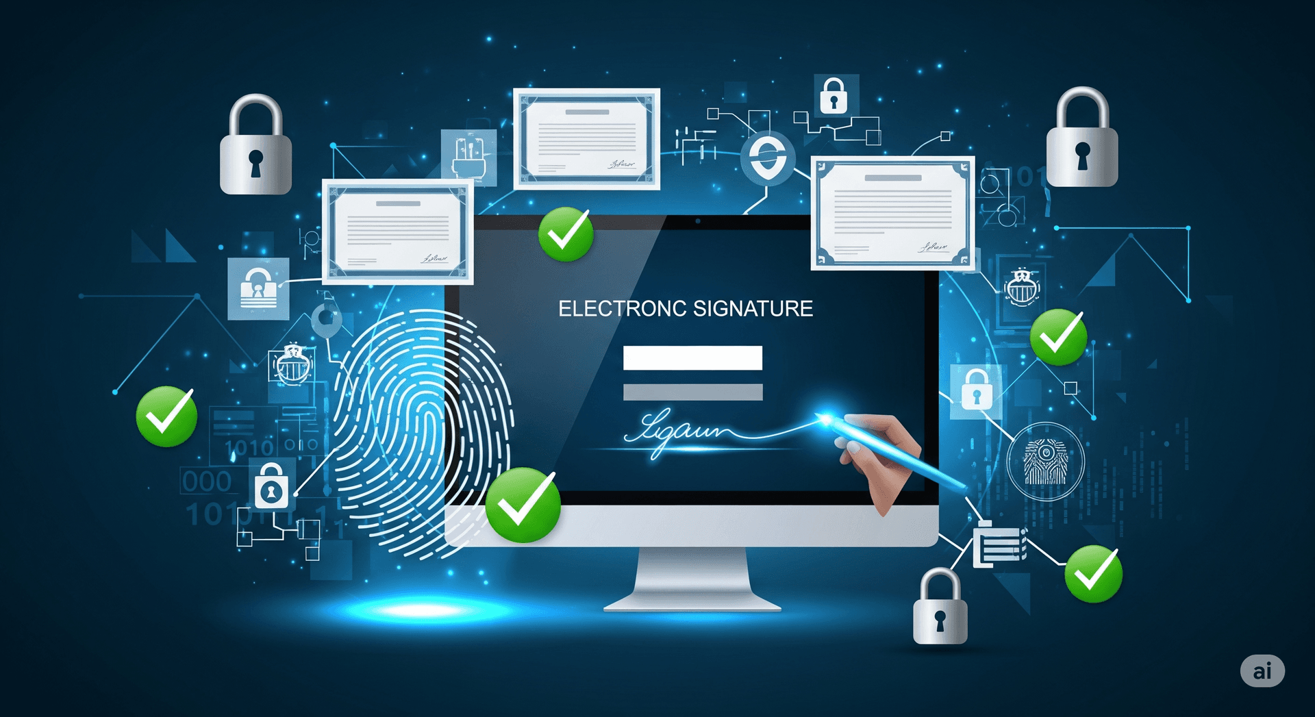 Digital signature certificate concept with security icons